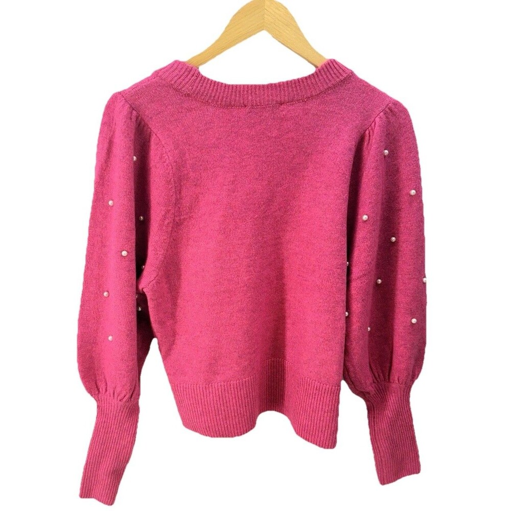 New CeCe Women Sweater S Pearls Pullover Round Neck Embellished Balloon Sleeves - Picture 2 of 11